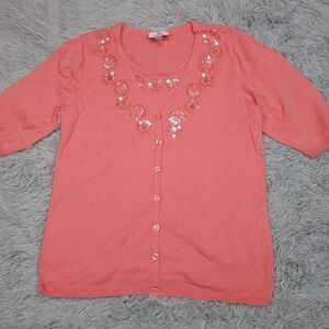Quacker Factory Sweater Womens XS Pink Cardigan Cozy‎ Comfy Button Up Bedazzled